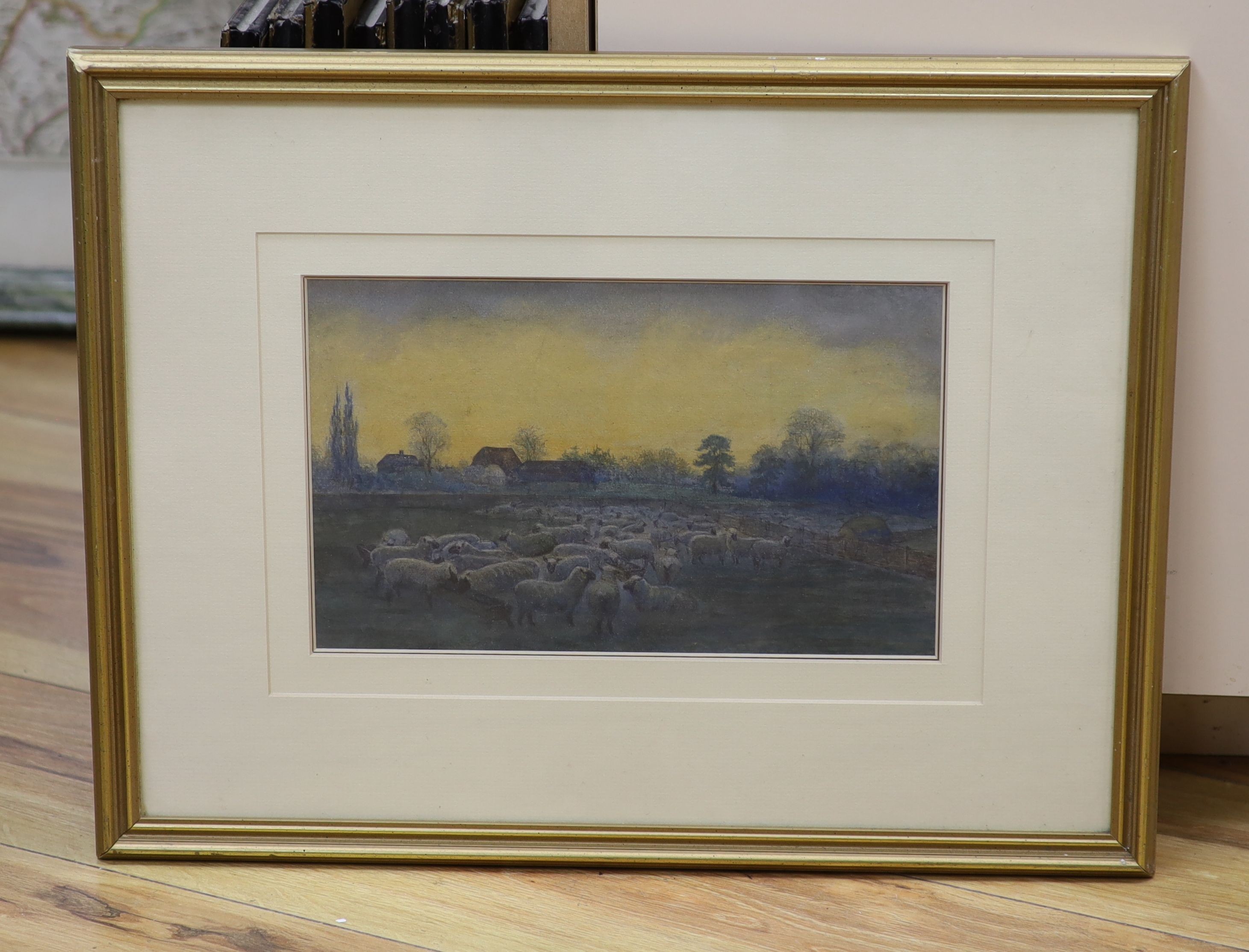 English school circa 1900, watercolour, Sheep in a field at sunset, 18 x 28 cm.